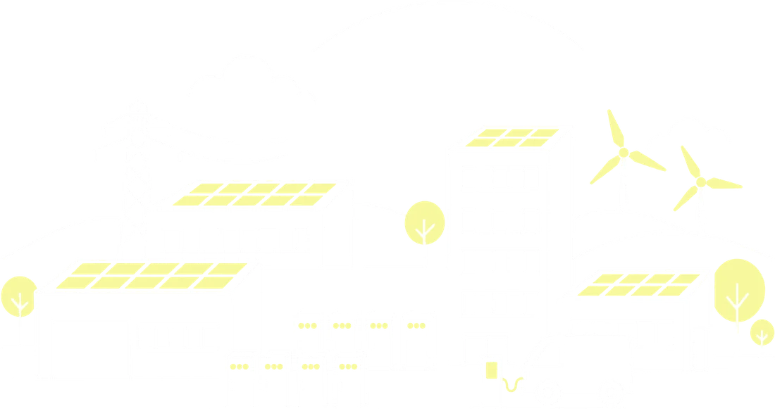 Strektegning av næringsbygg og industrihall med solceller på takene, batterimoduler, ladestasjon med varebil, vindturbiner og kraftlinje